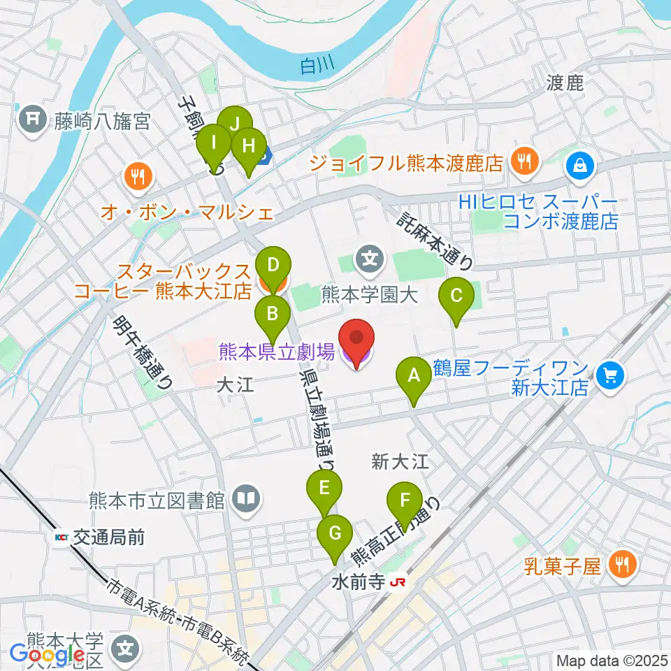 熊本県立劇場周辺のカフェ一覧地図