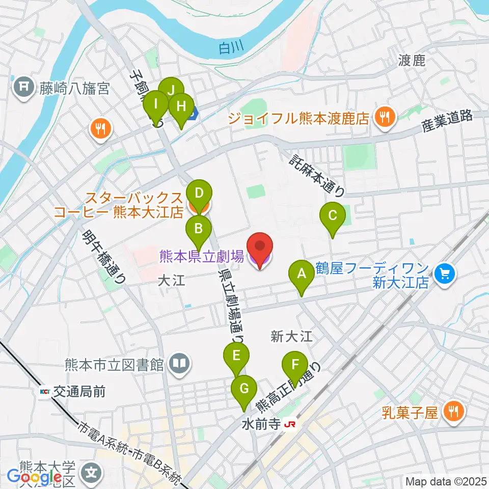 熊本県立劇場周辺のカフェ一覧地図