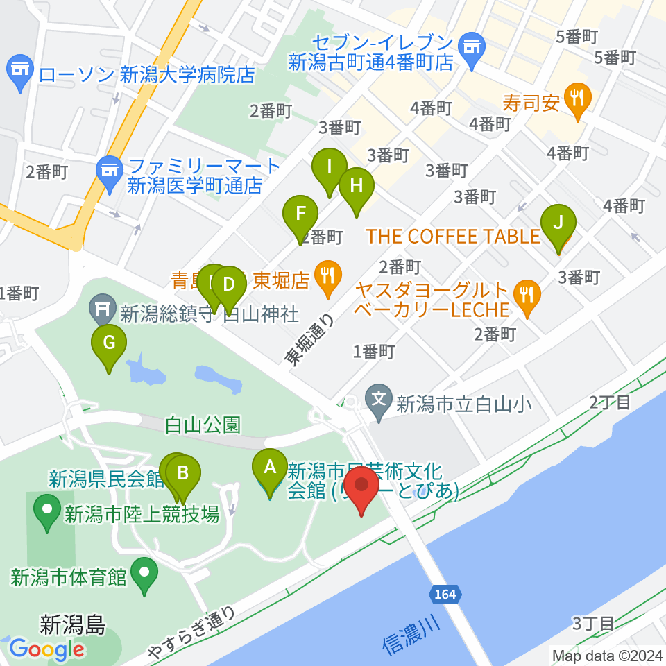 新潟市音楽文化会館周辺のカフェ一覧地図