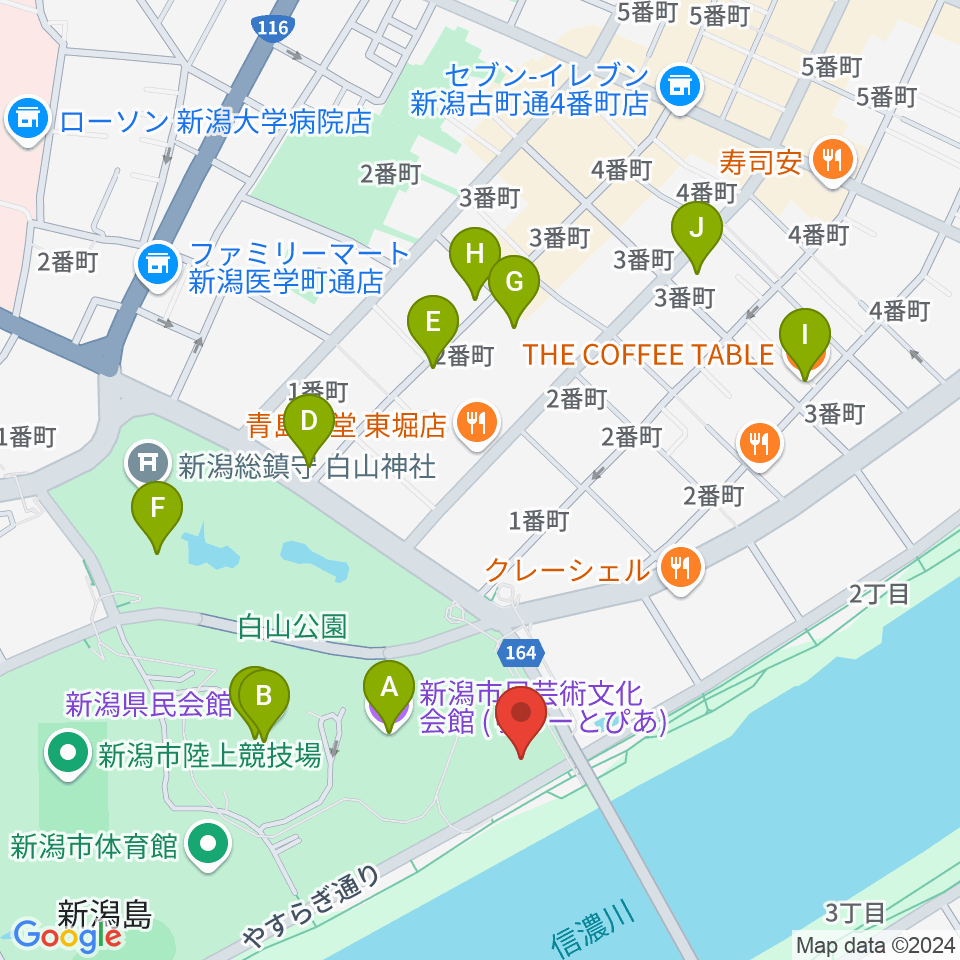 新潟市音楽文化会館周辺のカフェ一覧地図