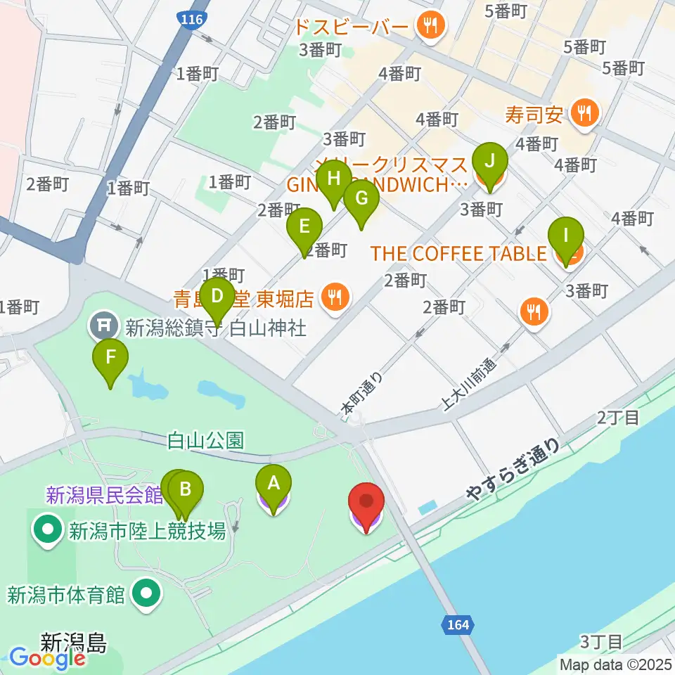新潟市音楽文化会館周辺のカフェ一覧地図