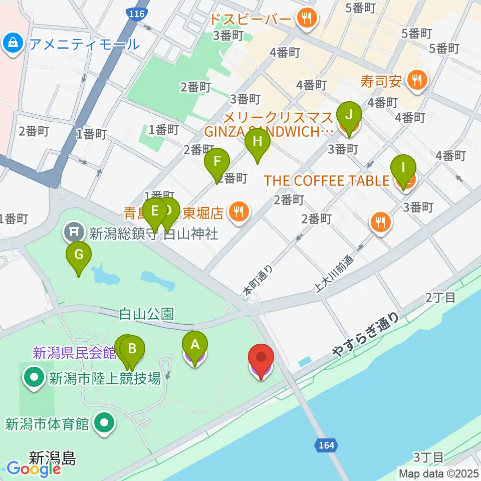 新潟市音楽文化会館周辺のカフェ一覧地図