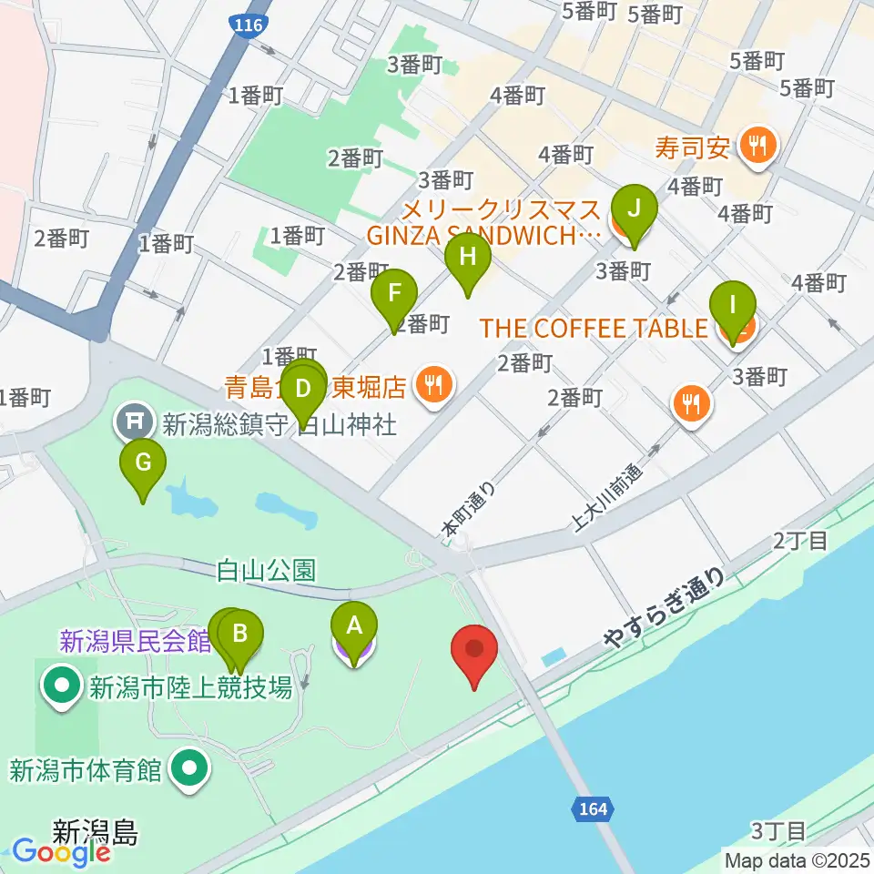 新潟市音楽文化会館周辺のカフェ一覧地図