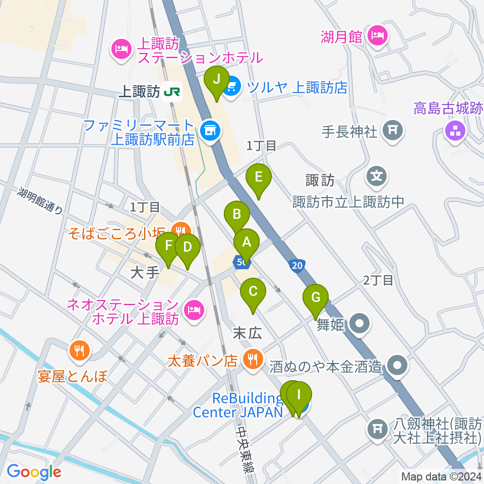 上諏訪クラブロックハーツ周辺のカフェ一覧地図