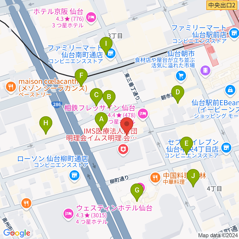 仙台中央音楽センター 音楽教室周辺のカフェ一覧地図