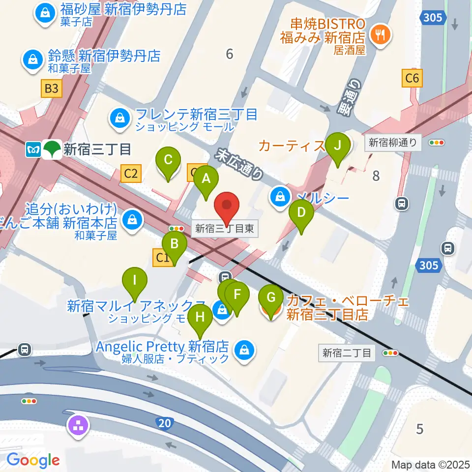イシバシ楽器 新宿店周辺のカフェ一覧地図