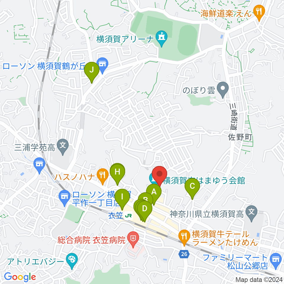 横須賀市はまゆう会館周辺のカフェ一覧地図