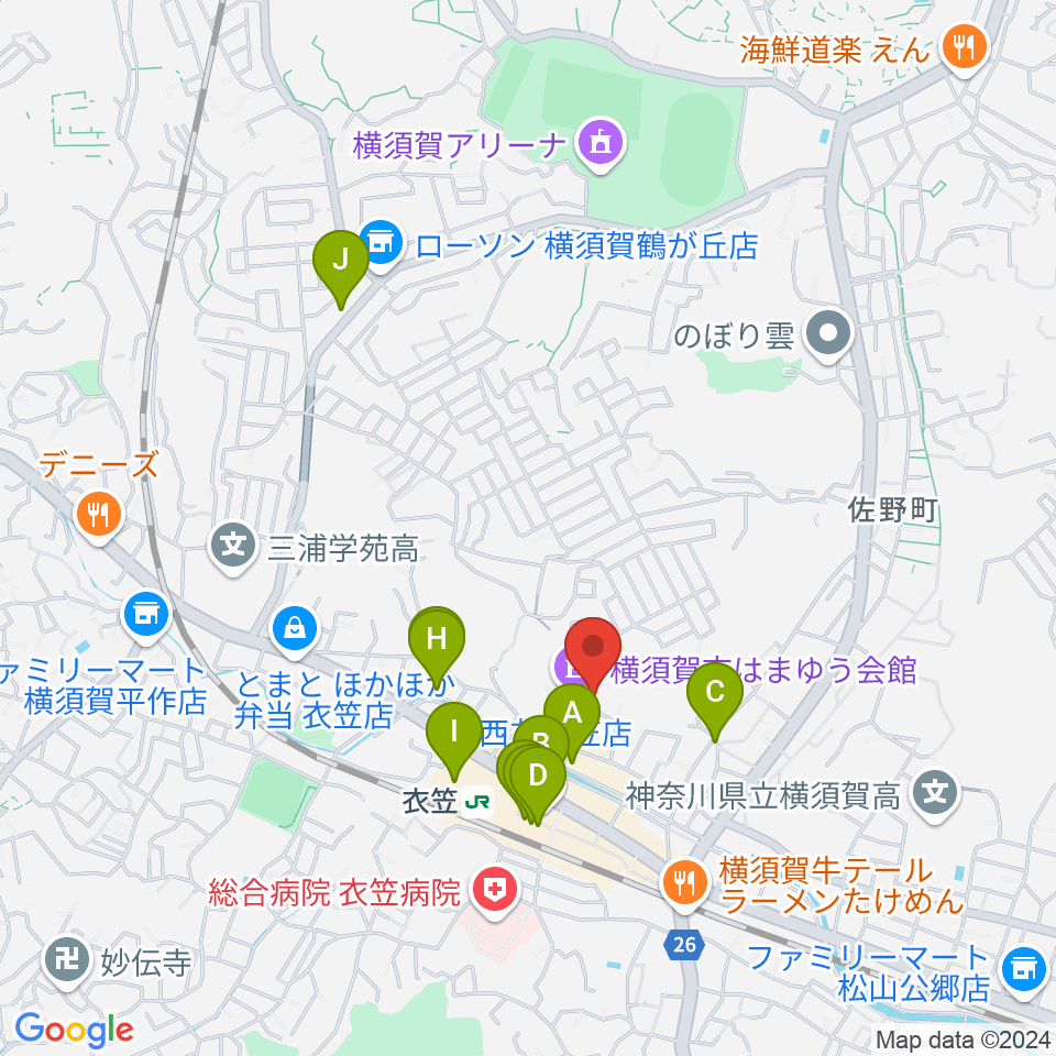 横須賀市はまゆう会館周辺のカフェ一覧地図