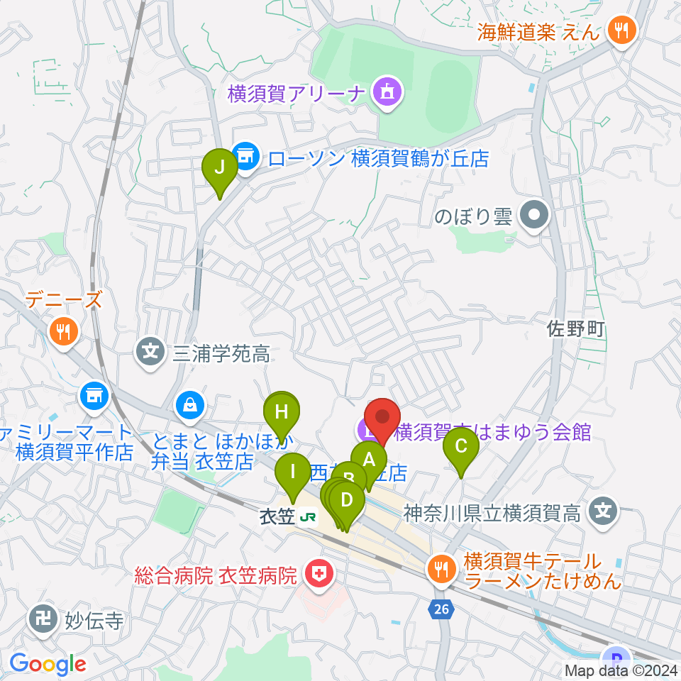 横須賀市はまゆう会館周辺のカフェ一覧地図