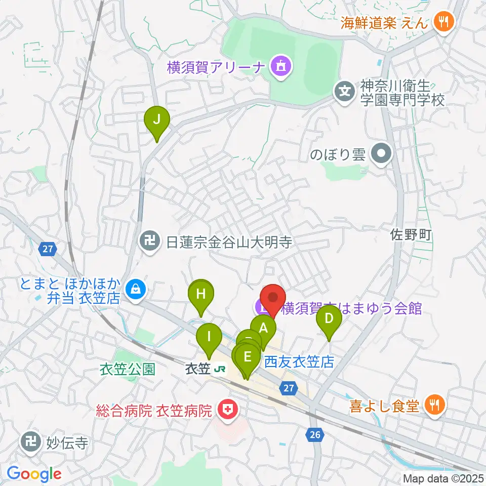 横須賀市はまゆう会館周辺のカフェ一覧地図
