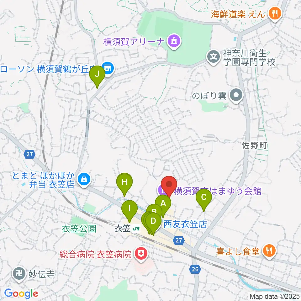 横須賀市はまゆう会館周辺のカフェ一覧地図