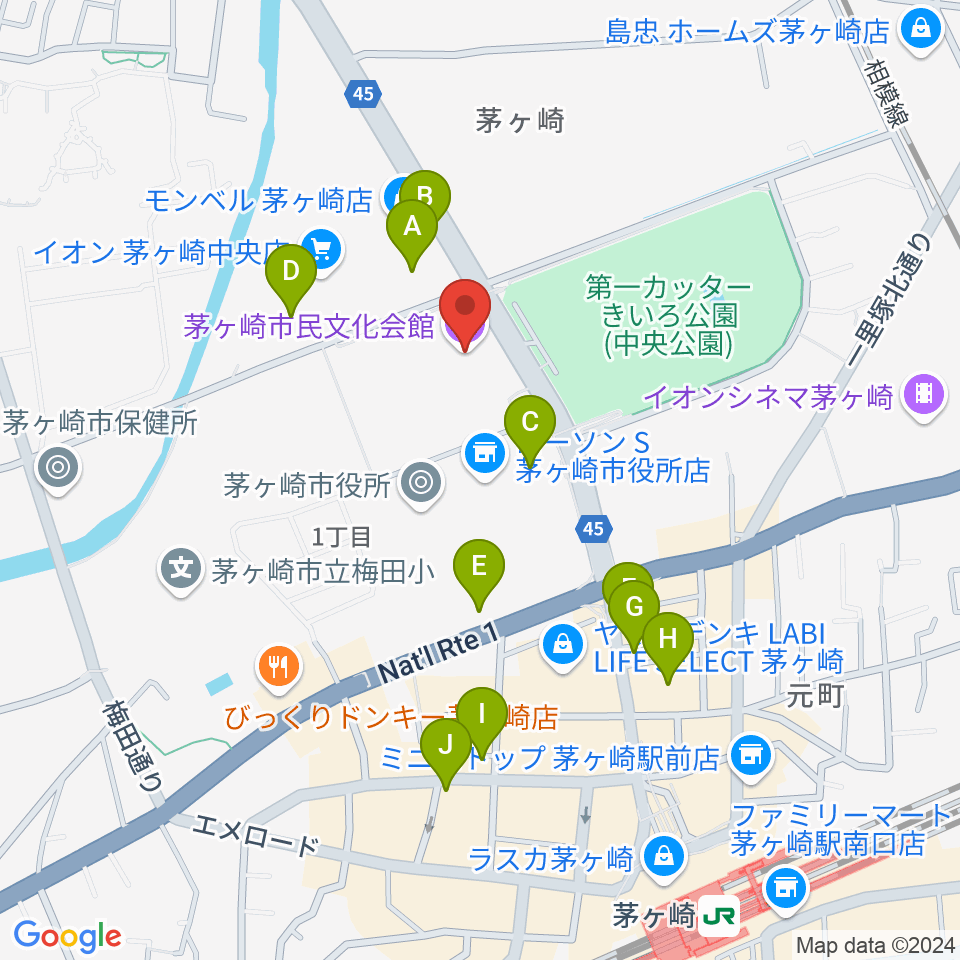 茅ヶ崎市民文化会館周辺のカフェ一覧地図