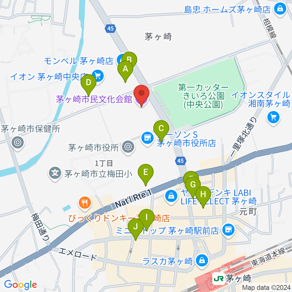 茅ヶ崎市民文化会館周辺のカフェ一覧地図