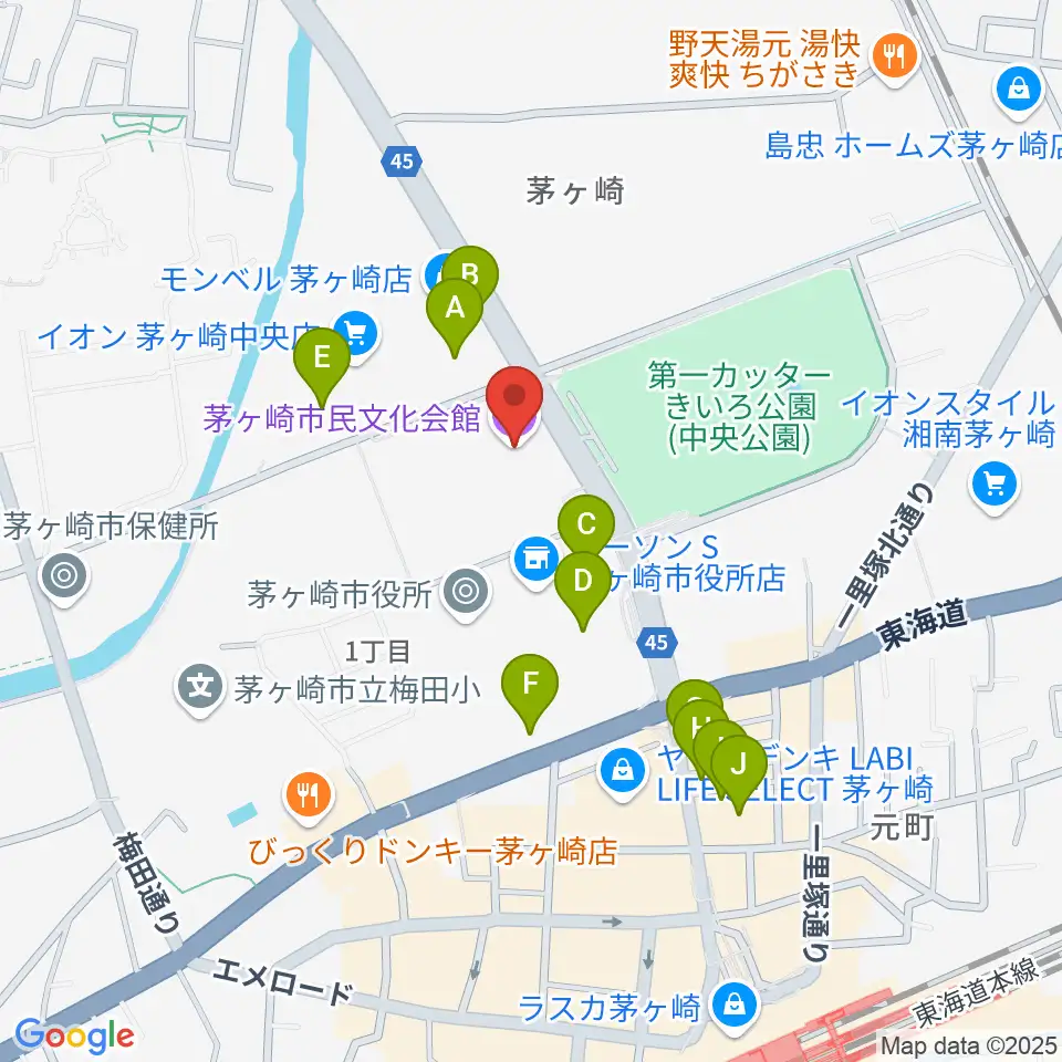茅ヶ崎市民文化会館周辺のカフェ一覧地図