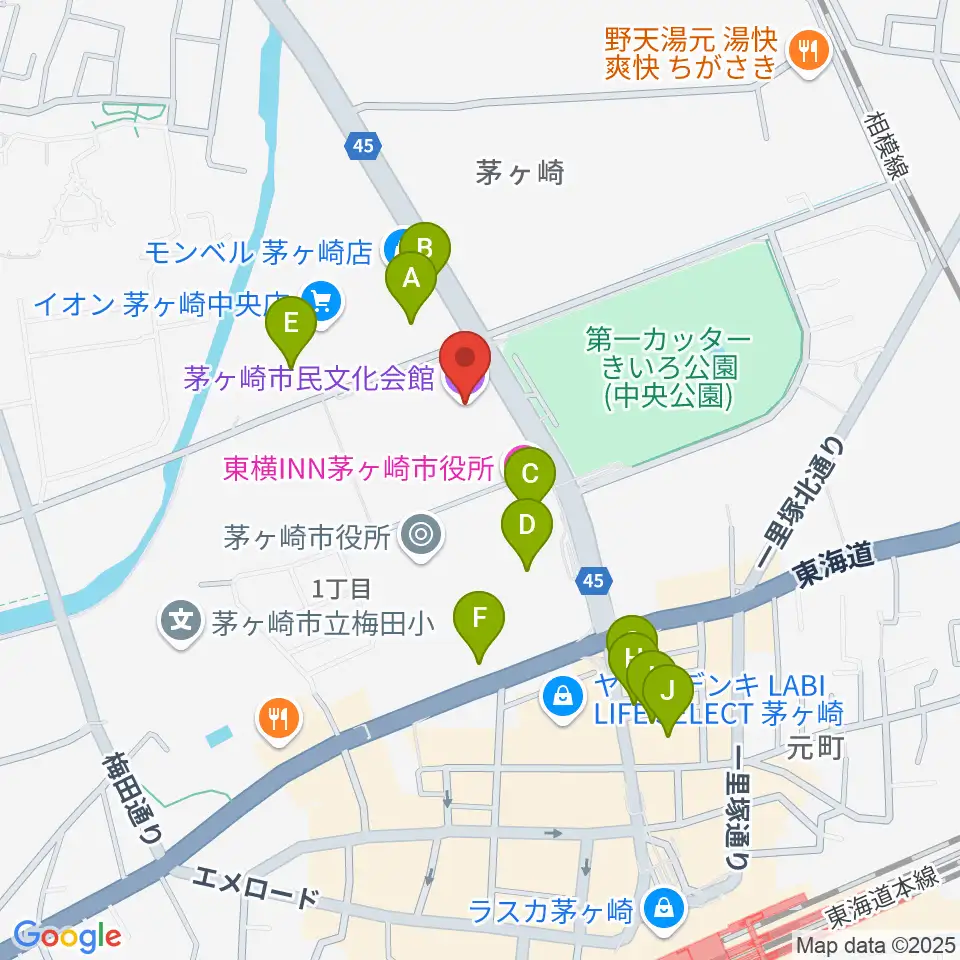 茅ヶ崎市民文化会館周辺のカフェ一覧地図