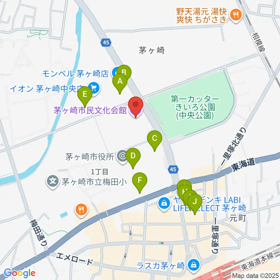 茅ヶ崎市民文化会館周辺のカフェ一覧地図
