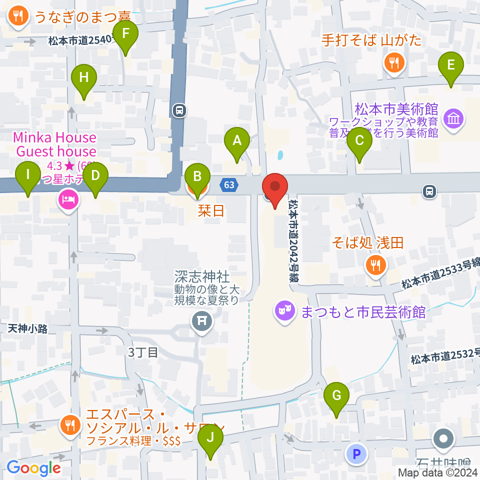 まつもと市民芸術館周辺のカフェ一覧地図