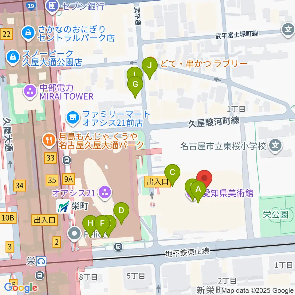 愛知県芸術劇場周辺のカフェ一覧地図