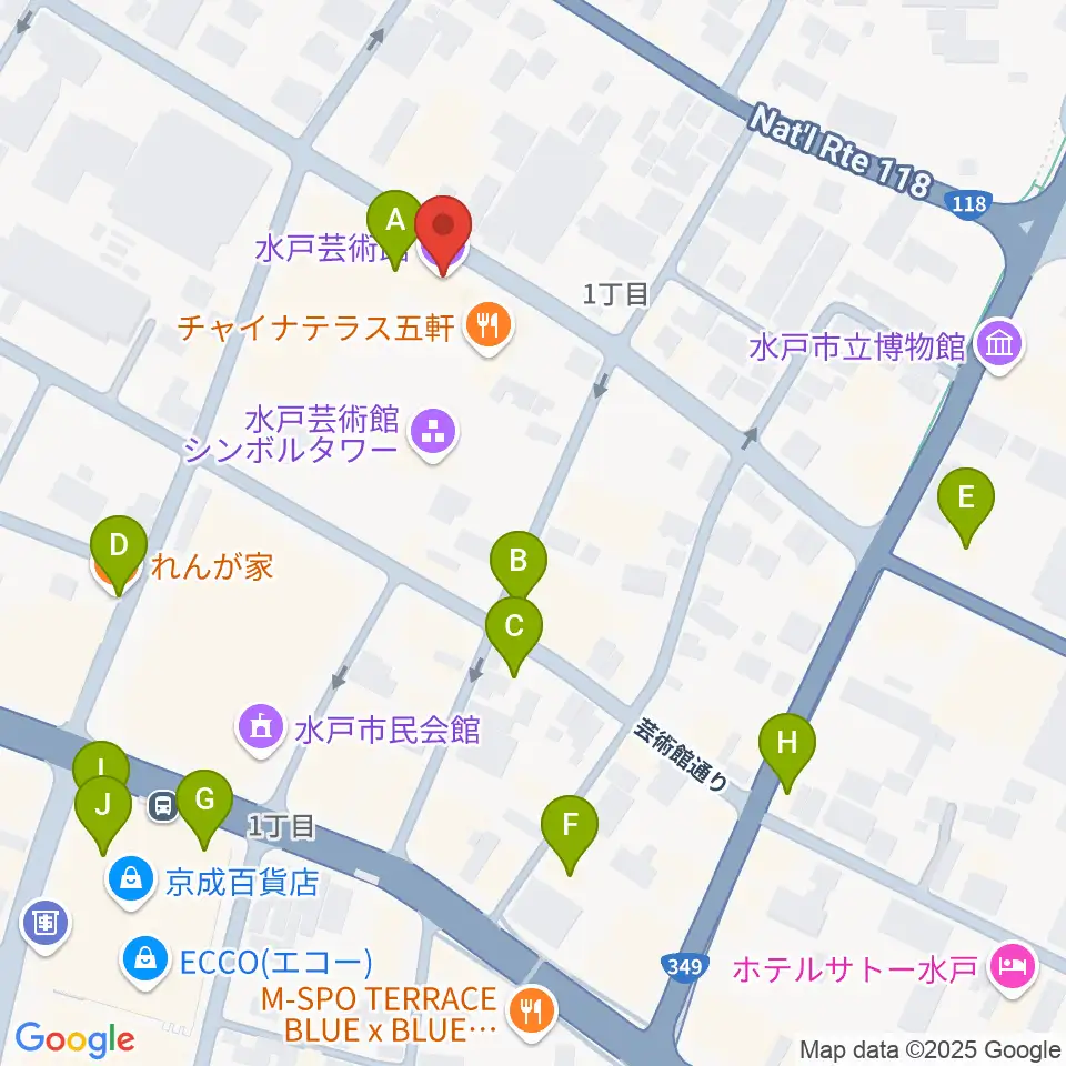 水戸芸術館周辺のカフェ一覧地図
