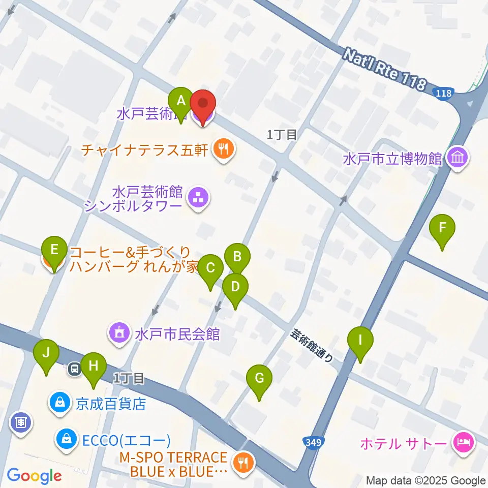 水戸芸術館周辺のカフェ一覧地図