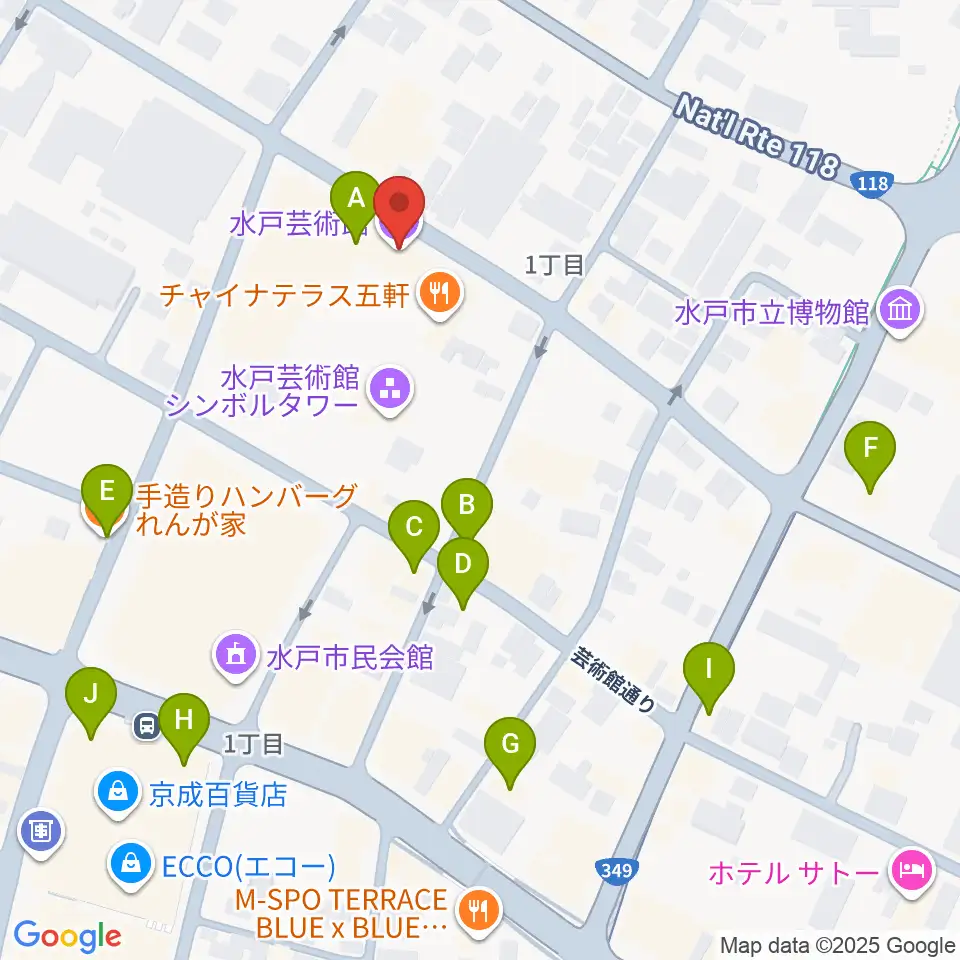 水戸芸術館周辺のカフェ一覧地図