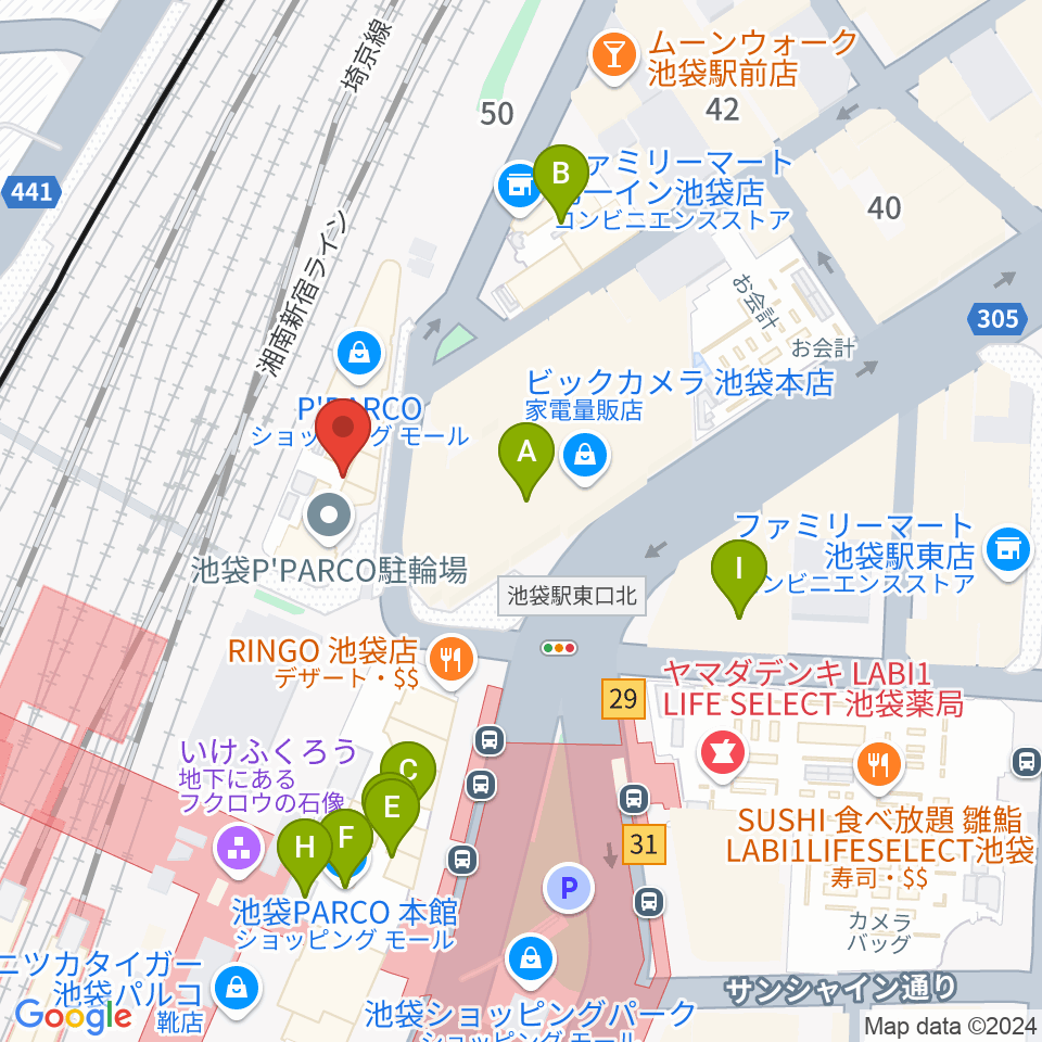 イシバシ楽器 池袋店周辺のカフェ一覧地図