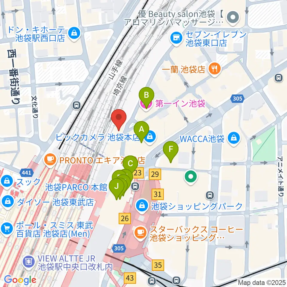 イシバシ楽器 池袋店周辺のカフェ一覧地図
