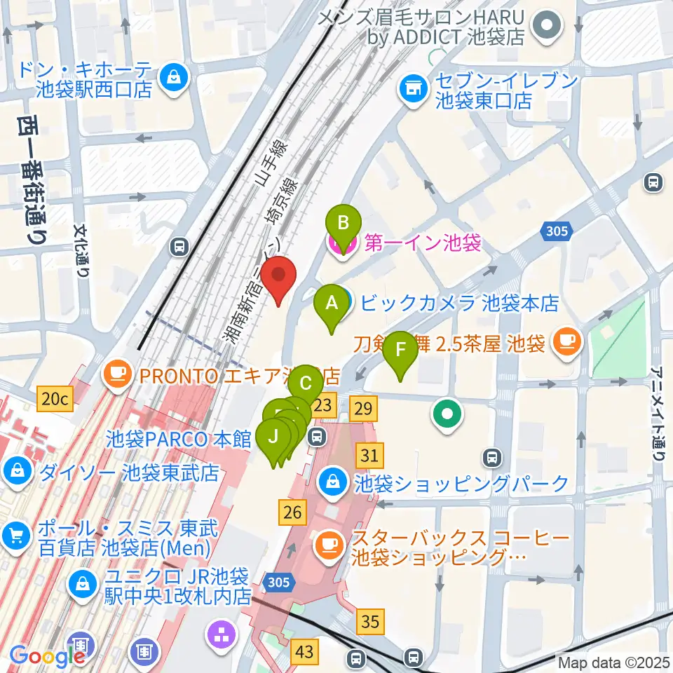 イシバシ楽器 池袋店周辺のカフェ一覧地図
