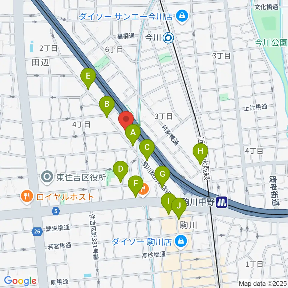 ナガイミュージックスタジオ周辺のカフェ一覧地図
