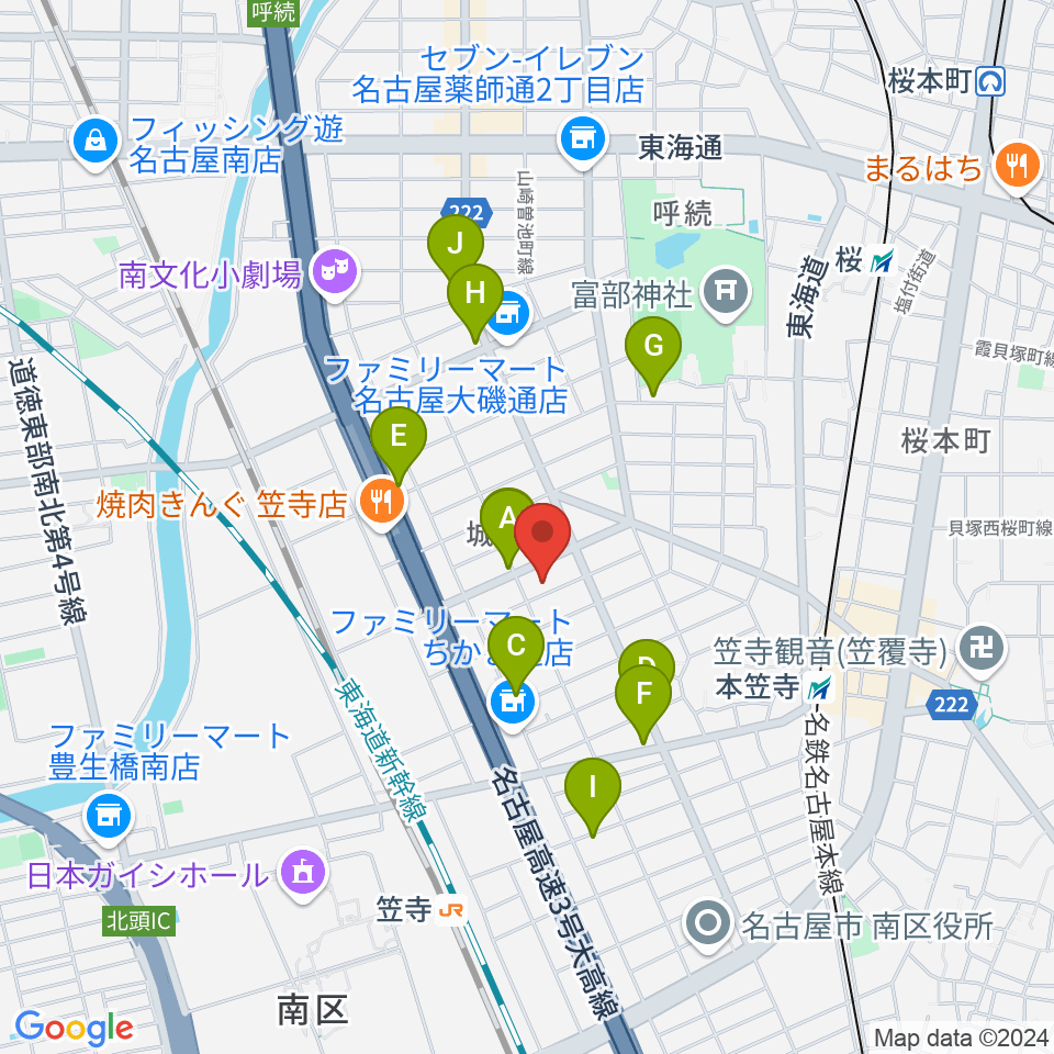 楽器の青ラボ周辺のカフェ一覧地図