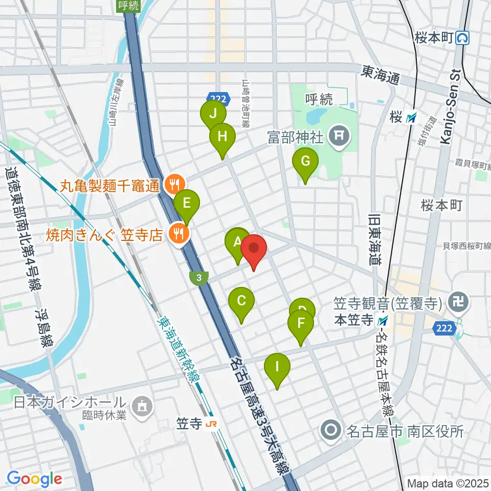 楽器の青ラボ周辺のカフェ一覧地図