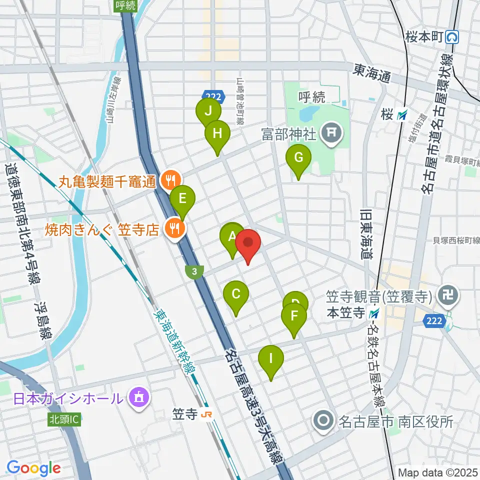 楽器の青ラボ周辺のカフェ一覧地図