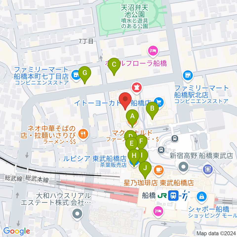 伊藤楽器 ヤマハ船橋センター周辺のカフェ一覧地図