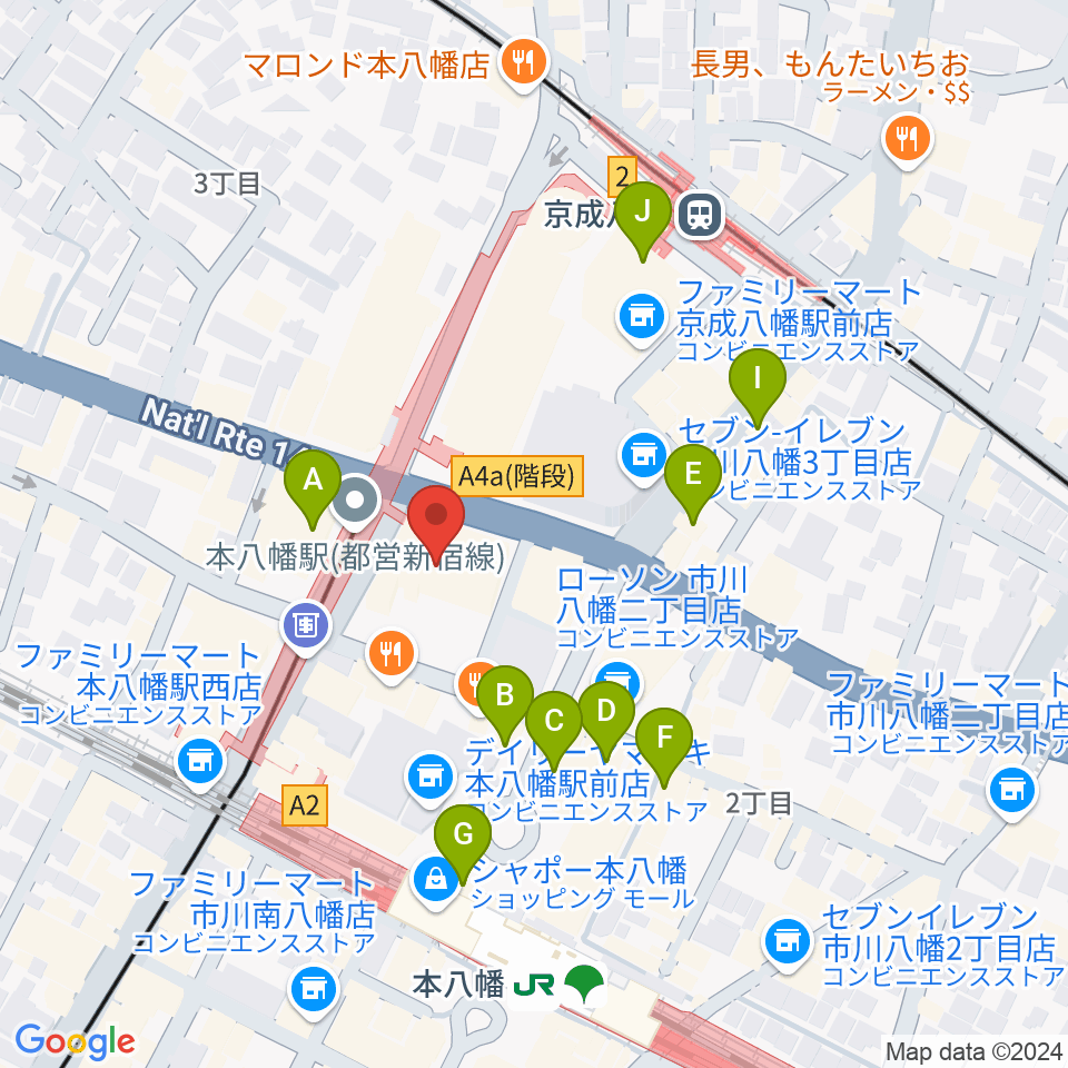 島村楽器 ミュージックサロン本八幡周辺のカフェ一覧地図