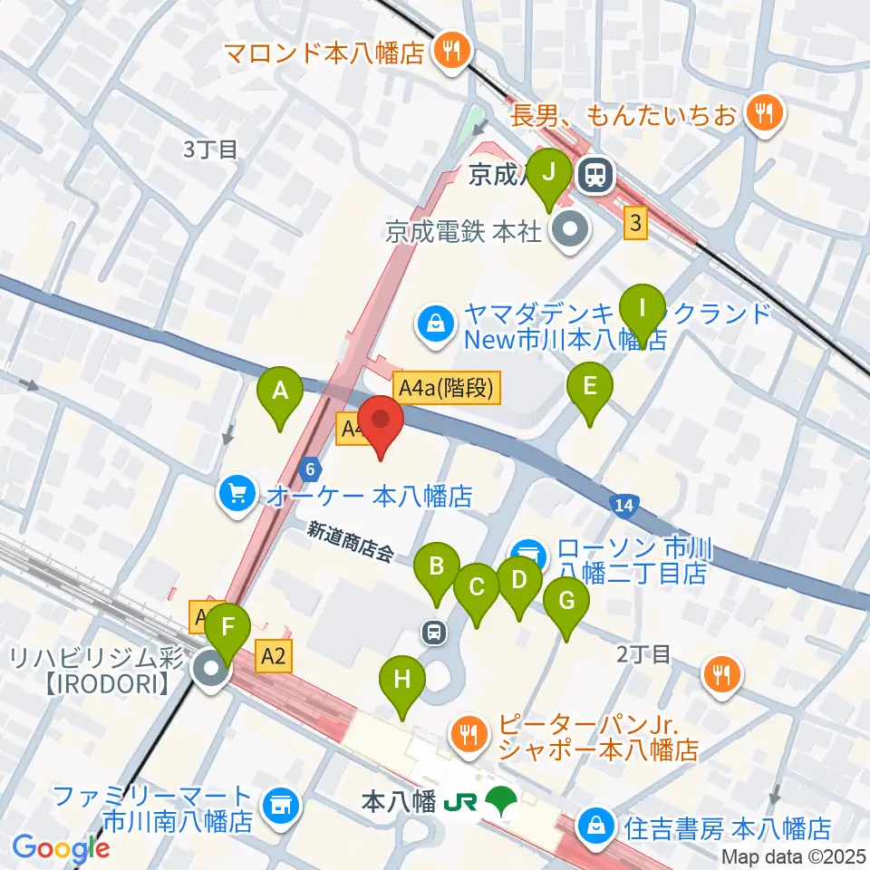 島村楽器 ミュージックサロン本八幡周辺のカフェ一覧地図