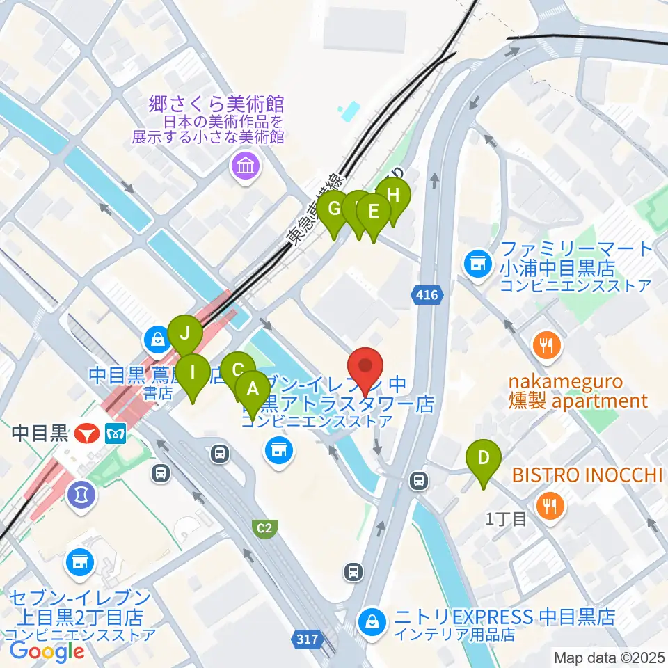 スズキ・メソード中目黒教室周辺のカフェ一覧地図
