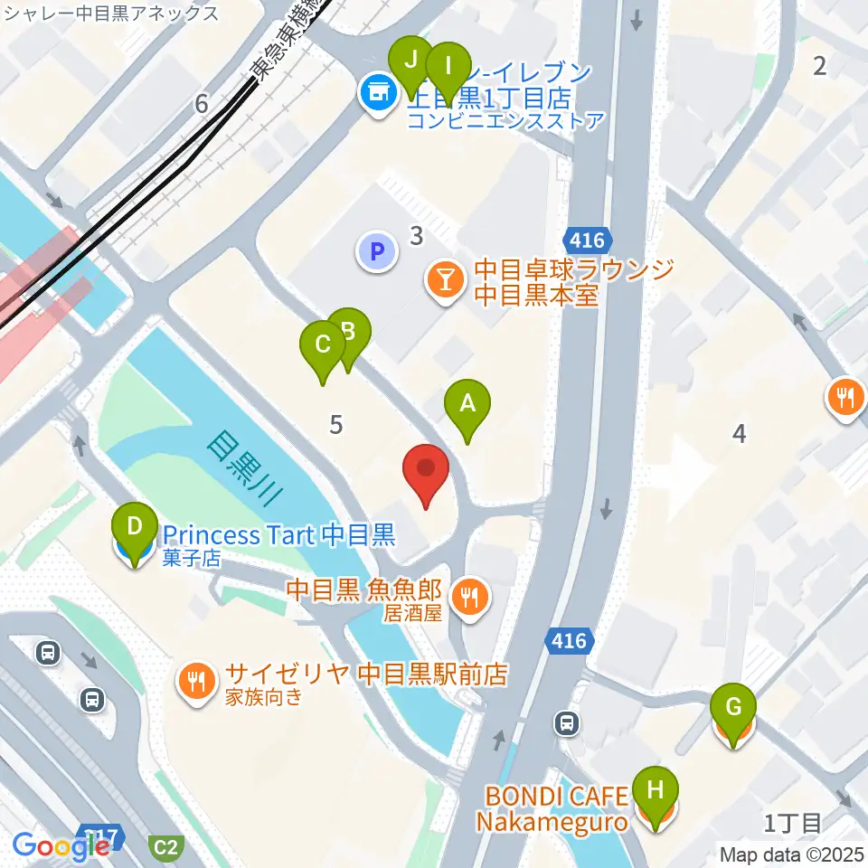 スズキ・メソード中目黒教室周辺のカフェ一覧地図