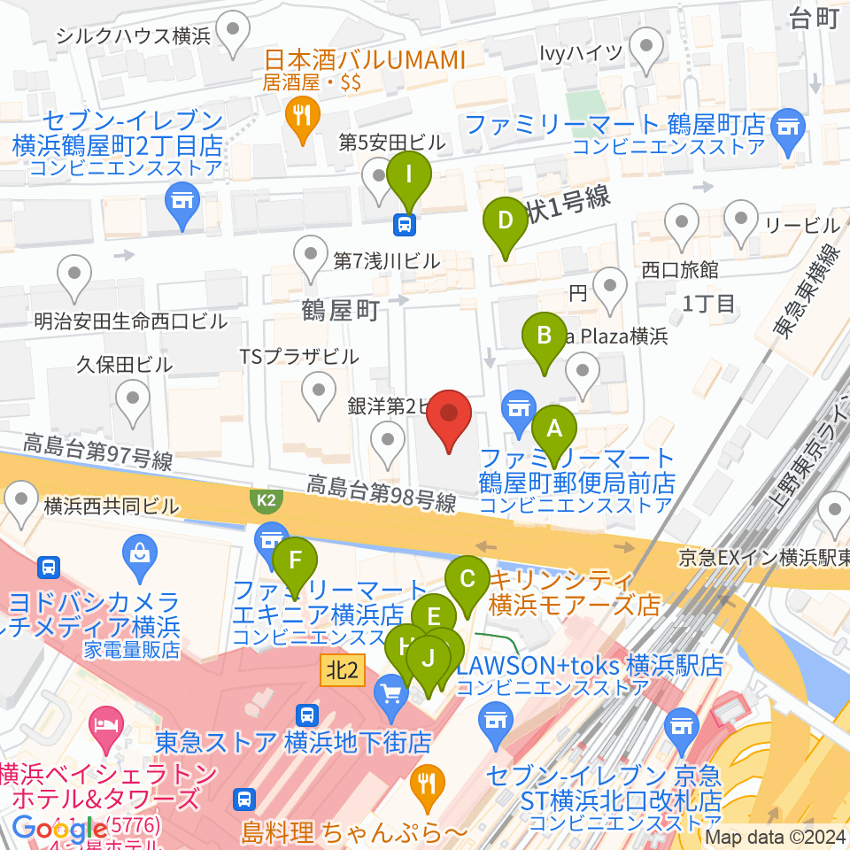 クロサワバイオリン横浜店周辺のカフェ一覧地図