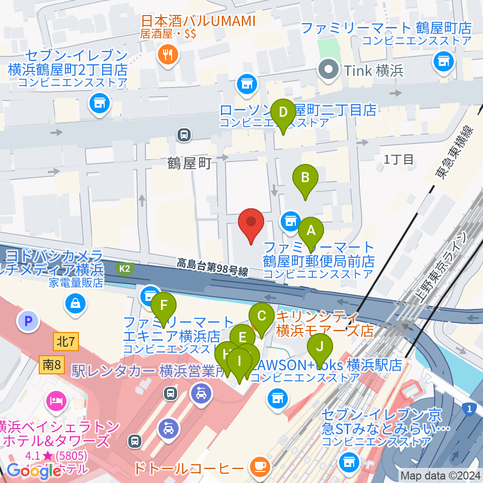 クロサワバイオリン横浜店周辺のカフェ一覧地図