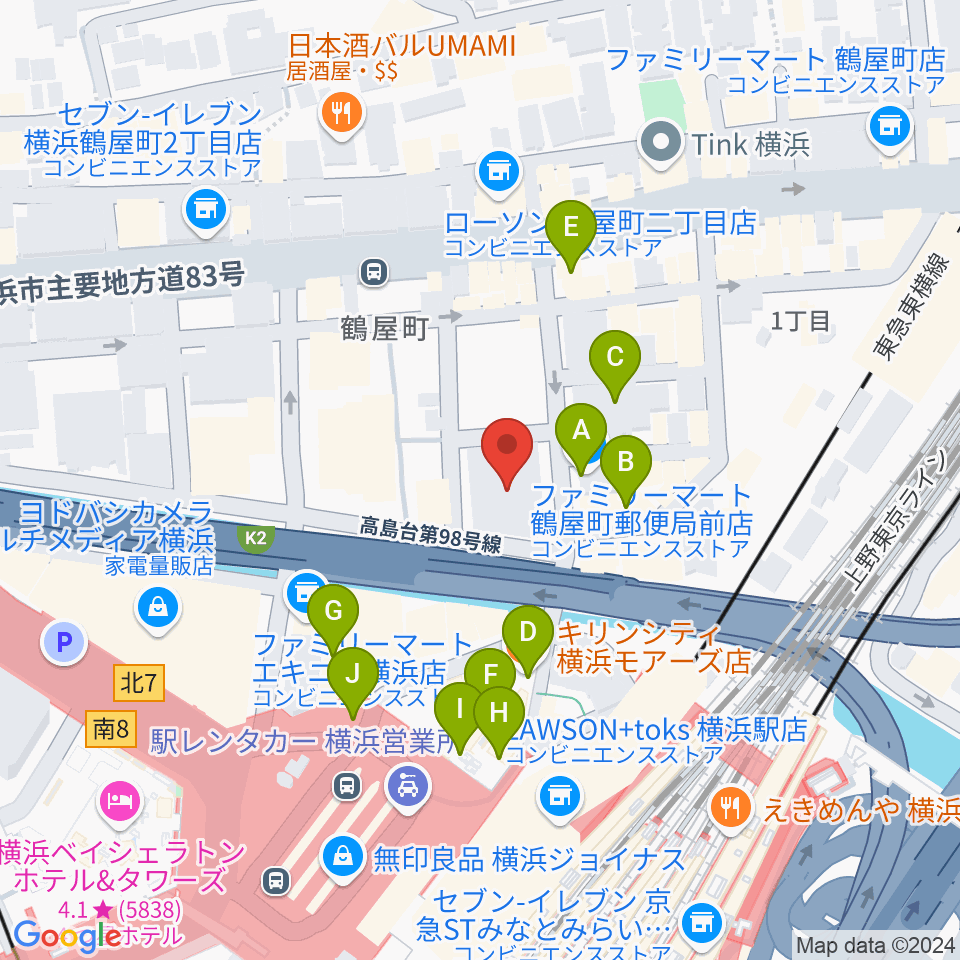 クロサワバイオリン横浜店周辺のカフェ一覧地図