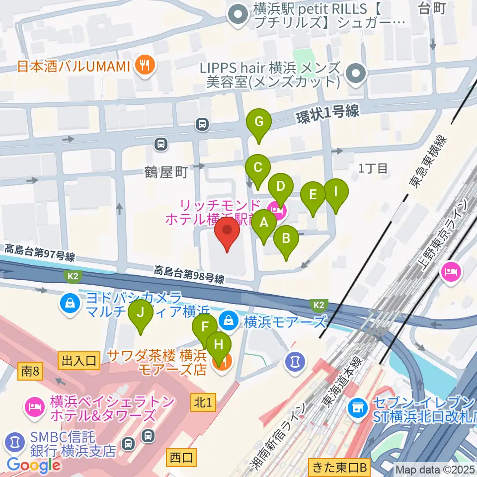 クロサワバイオリン横浜店周辺のカフェ一覧地図