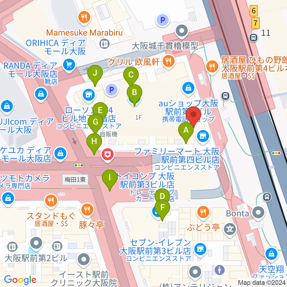 クロサワバイオリン大阪梅田店周辺のカフェ一覧地図