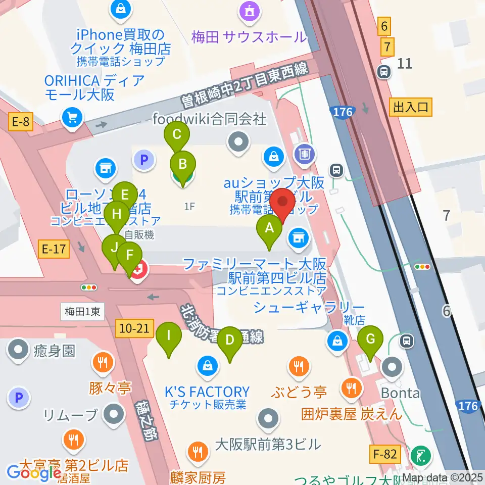 クロサワバイオリン大阪梅田店周辺のカフェ一覧地図