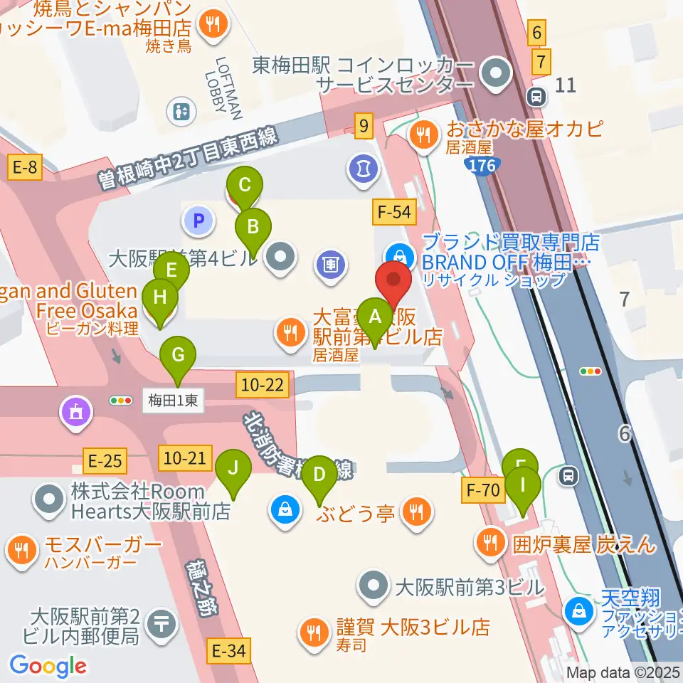 クロサワバイオリン大阪梅田店周辺のカフェ一覧地図