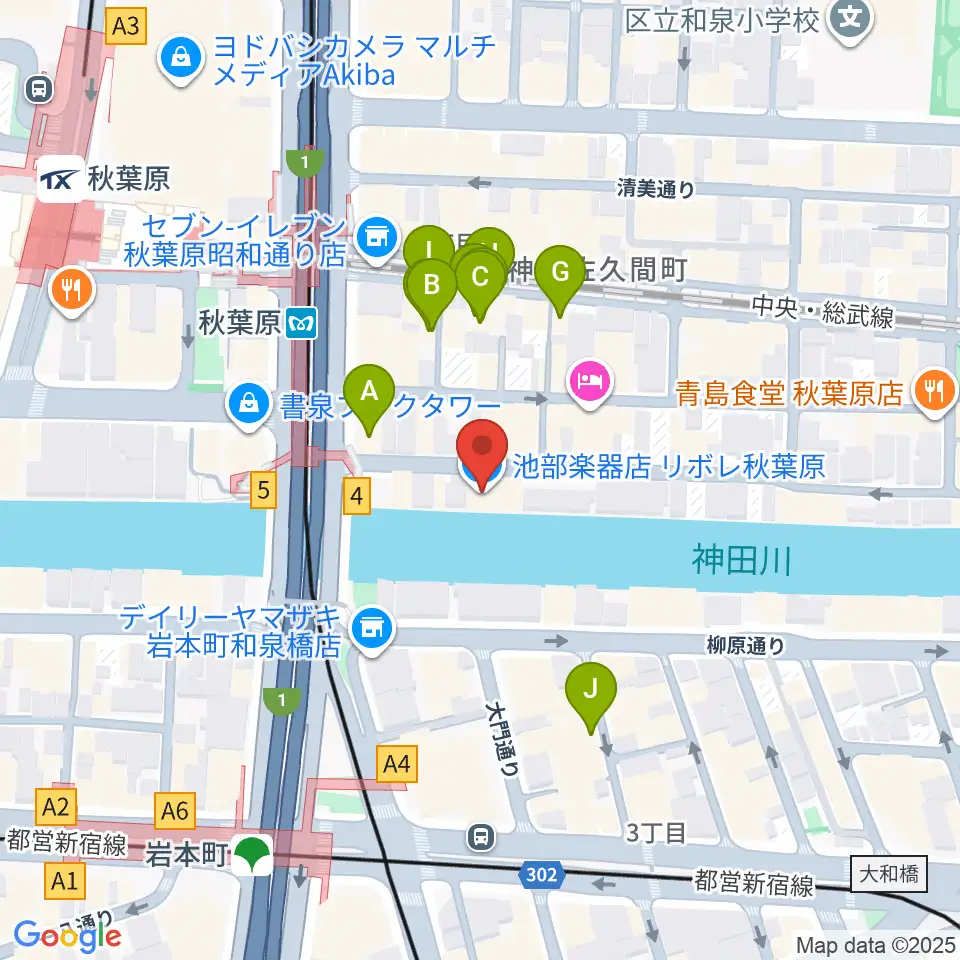 イケベ楽器店リボレ秋葉原周辺のカフェ一覧地図