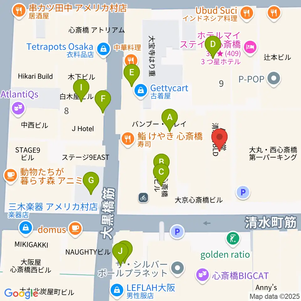 イシバシ楽器 心斎橋店周辺のカフェ一覧地図