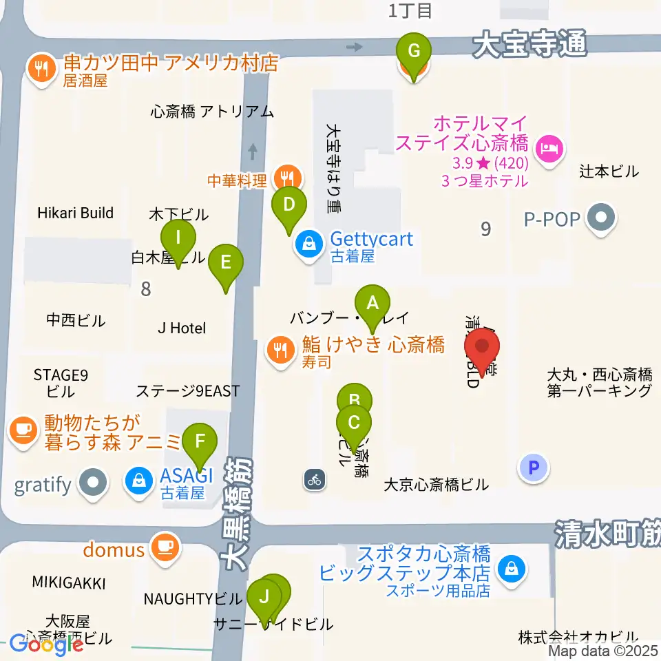 イシバシ楽器 心斎橋店周辺のカフェ一覧地図
