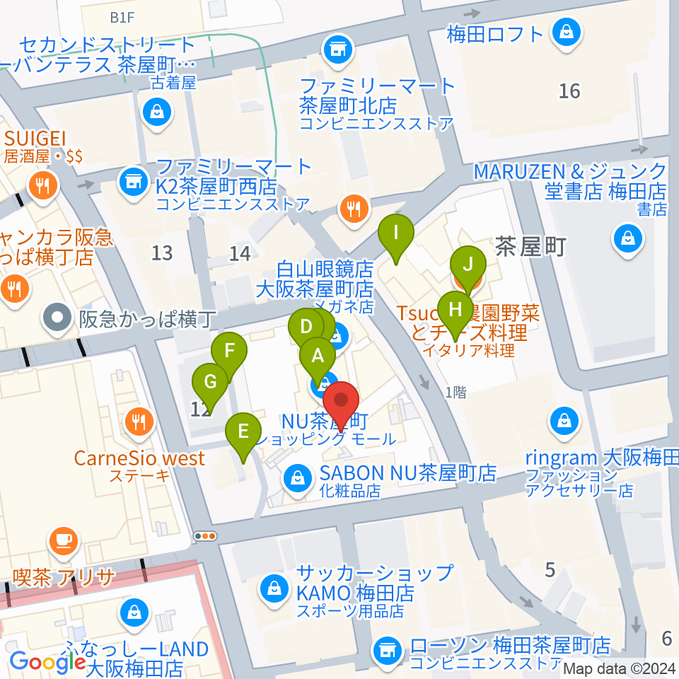 イシバシ楽器 梅田店周辺のカフェ一覧地図