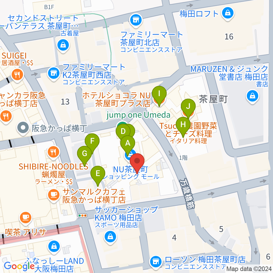 イシバシ楽器 梅田店周辺のカフェ一覧地図