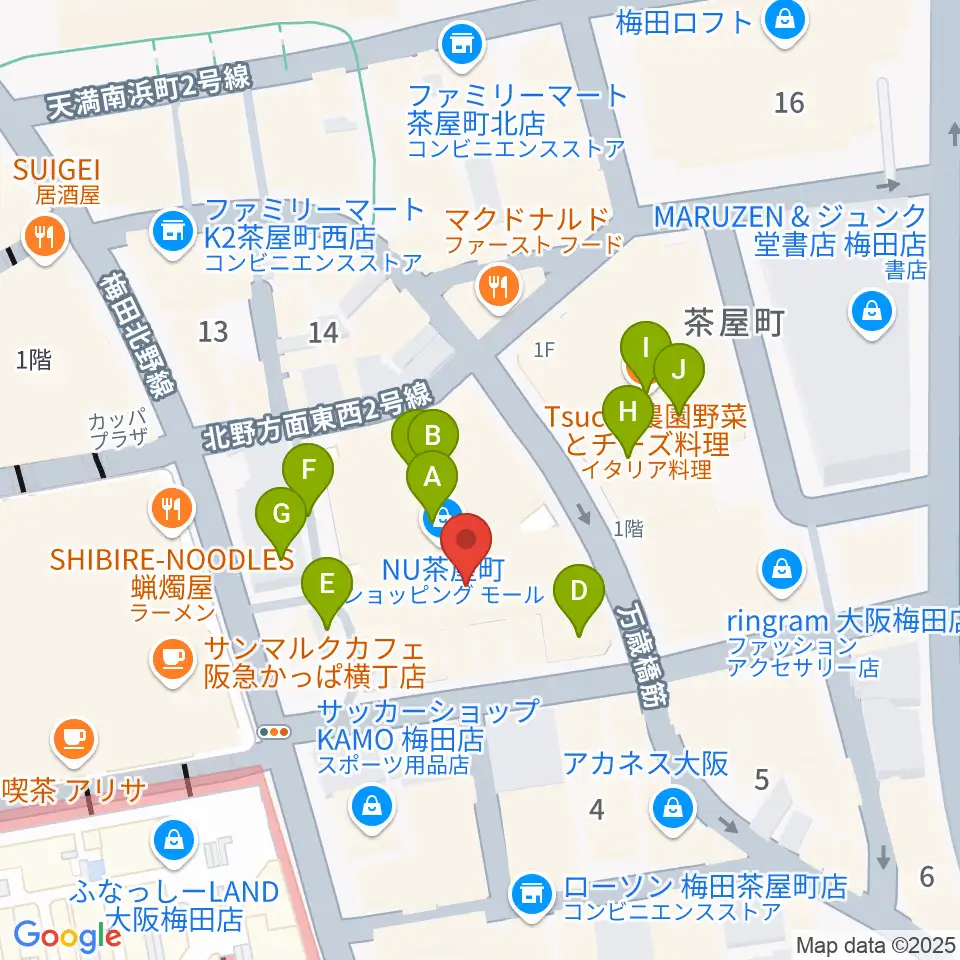 イシバシ楽器 梅田店周辺のカフェ一覧地図